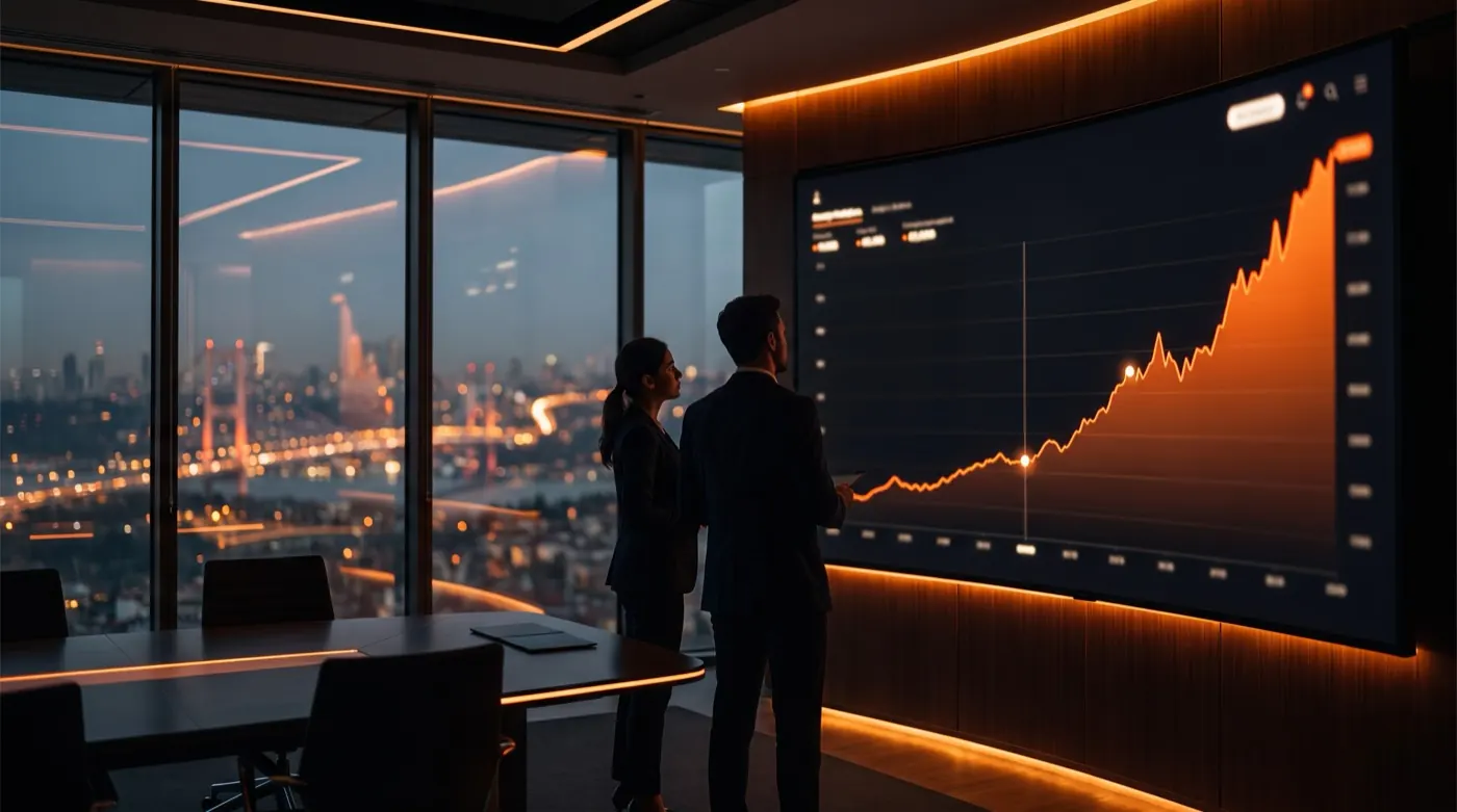 Two people reviewing a growth chart